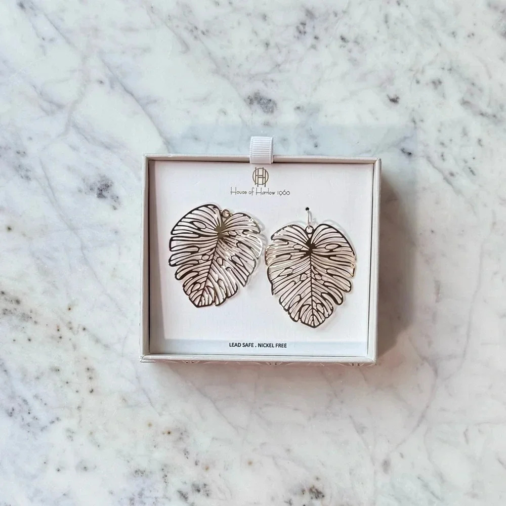 House of Harlow 1960 Gold-Plates Dangle Monstera Earrings